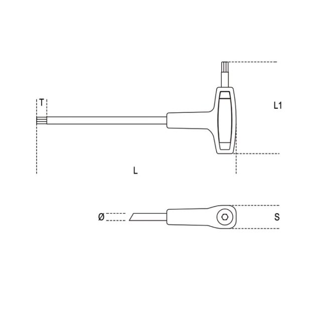 97TTx T-szárú Torx®-imbuszkulcs, műanyag markolattal, krómozott, fekete hegyek