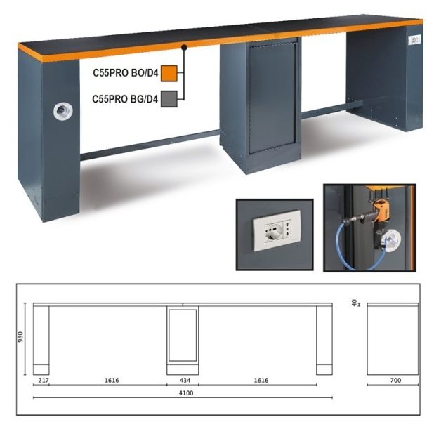 C55PRO B-D4 4 méteres kettős munkaasztal Középső lábbal