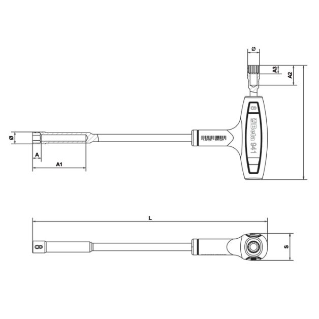 941 mm T-szárú dugókulcs,műanyag markolattal