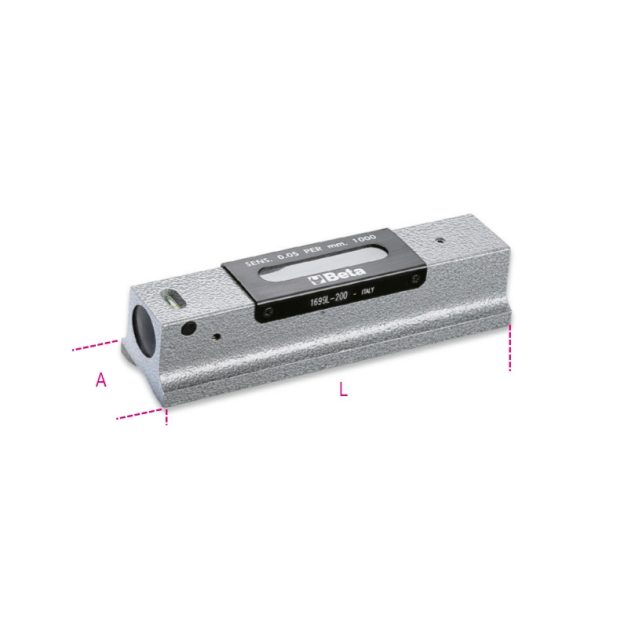 1699L Precíziós vízmérték, vasöntvény, köszörült prizmaalaplappal, 2 törésbiztos libella, fadobozban, pontosság: 0.05 mm/m