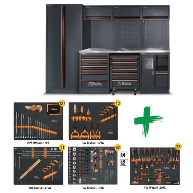 Műhelybútor-kombináció C45PRO 2.0 X 267 szerszámból álló választékkal Automotive Beta Worker szerszámokkal