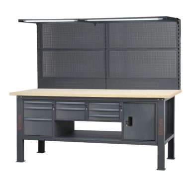   C58BCA-W2,1/A 2,1 m széles, teljes munkapad, fa munkalappal, 8 fiókkal és ajtós modullal