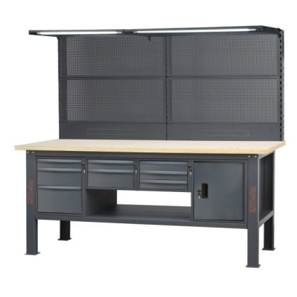   C58BCA-W2,1/A 2,1 m széles, teljes munkapad, fa munkalappal, 8 fiókkal és ajtós modullal